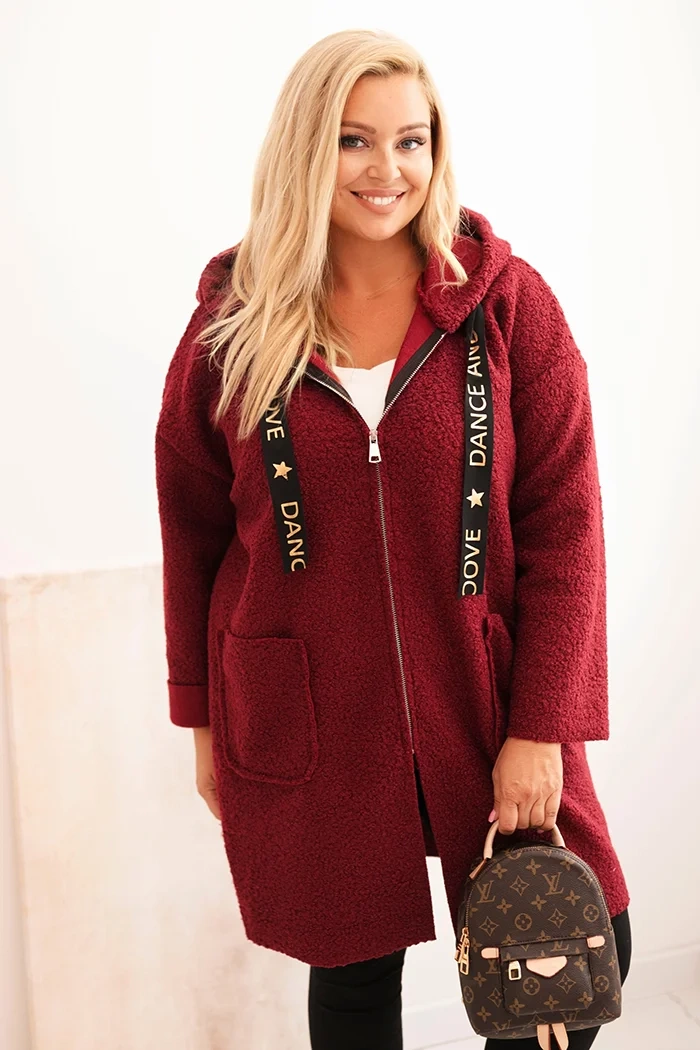 Dámský kabát Plus Size z umělého beránka s kapucí a kapsami bordový UNI