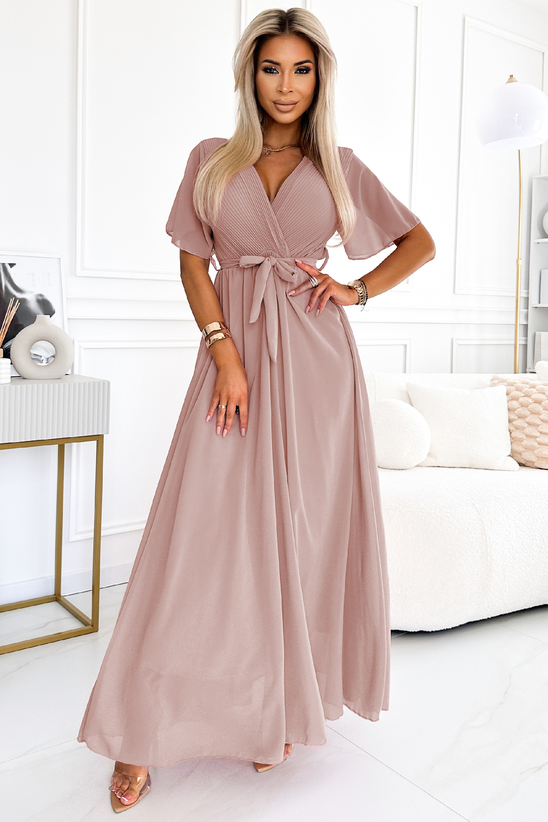 Numoco basic Dlouhé šaty s plisovaným výstřihem a zavazováním - taupe 545-6 Barva: Růžová, Velikost: UNI