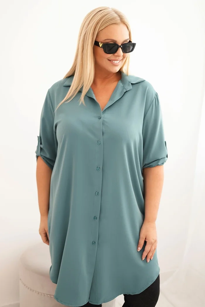 Kesi Dámské košilové šaty Plus Size s delším zadním dílem a ohrnovacími rukávy tmavě mátová Barva: Zelená, Velikost: UNI