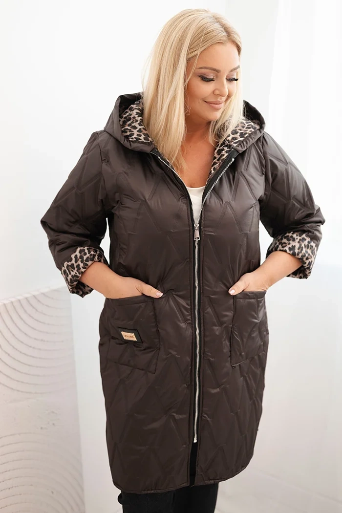 Kesi Dámská prošívaná bunda Plus Size s podšívkou v leopardím vzoru a kapucí černá Barva: Hnědá, Velikost: UNI
