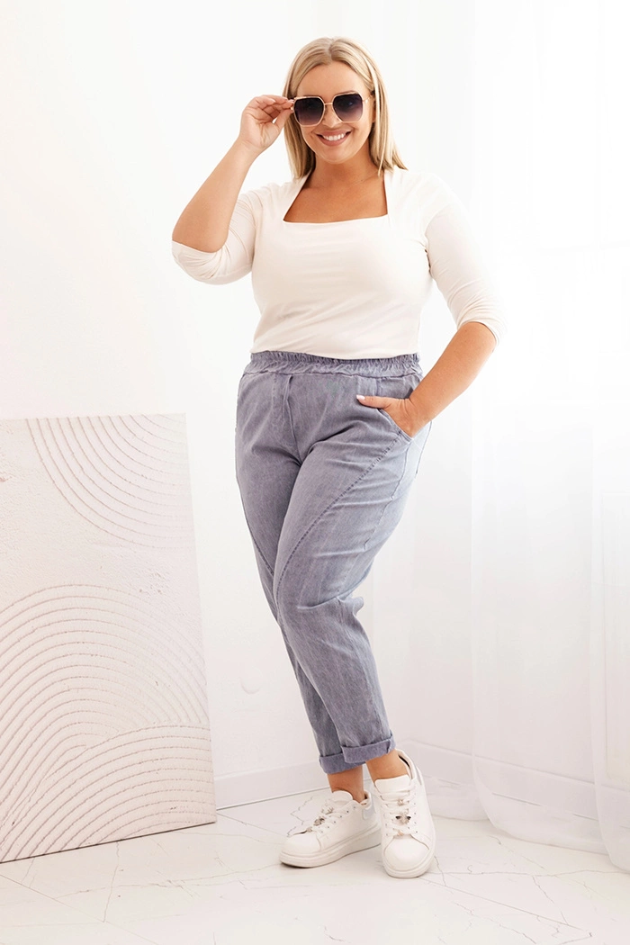 Dámské kalhoty Plus Size dekonturované s viskózou a širokou gumou jeansové modré UNI