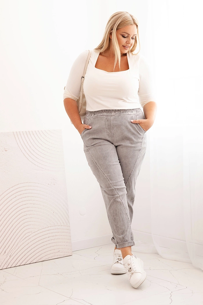 Dámské kalhoty Plus Size dekolorované s viskózou a širokou gumou šedé UNI