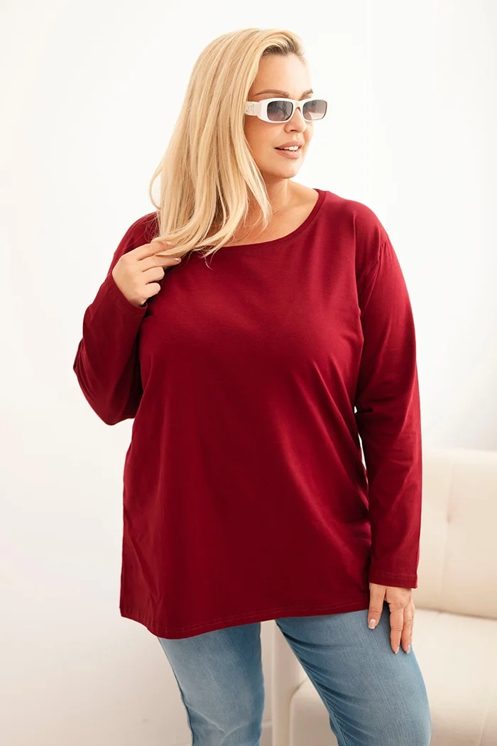 Kesi Dámská blůza Plus Size bavlněná s kulatým výstřihem bordová Barva: Bordó, Velikost: 2XL/3XL