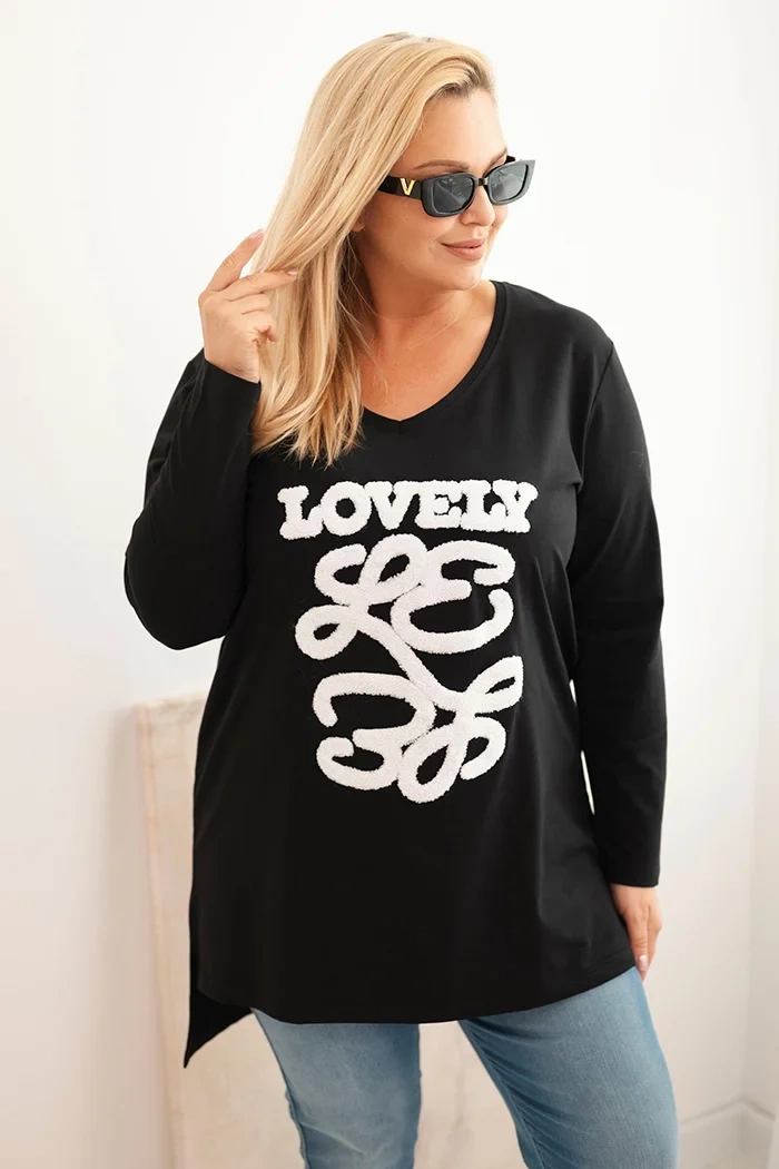 Kesi Dámská blůza Plus Size bavlněná s nápisem a výstřihem do V růžová Barva: Černá, Velikost: 4XL