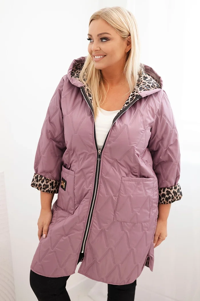 Kesi Dámská prošívaná bunda Plus Size s podšívkou v leopardím vzoru a kapucí černá Barva: Růžová - tmavě, Velikost: UNI