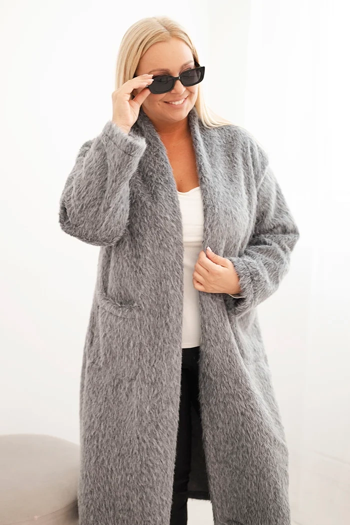 Kesi Dámský plášť Plus Size z viskózy bez zapínání s kapsami švestkový Barva: Šedá, Velikost: UNI