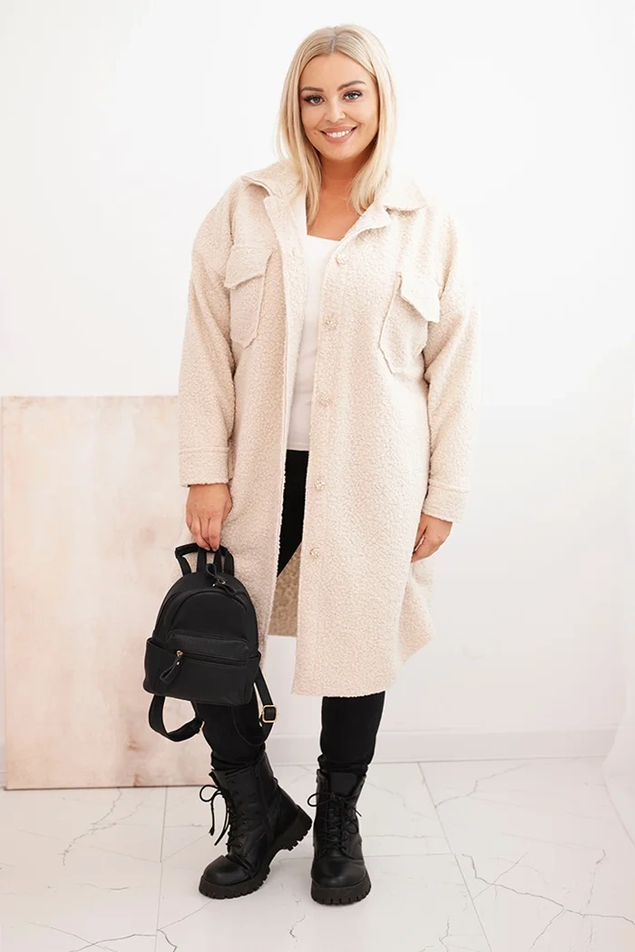 Kesi Dámský kabát ART0286 Plus Size s vlnou na knoflíky s kapsami Barva: Smetanová, Velikost: UNI