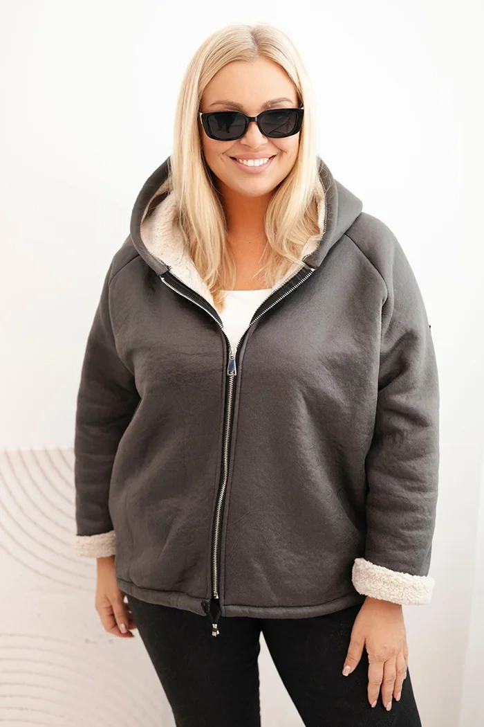 Kesi Dámská bunda Plus Size s kapucí a beránkem Barva: Šedá - tmavě, Velikost: UNI