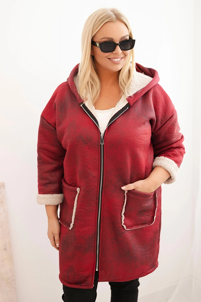 Kesi Dámská bunda Plus Size s kapucí a kapsami zateplená beránkem Barva: Bordó, Velikost: UNI