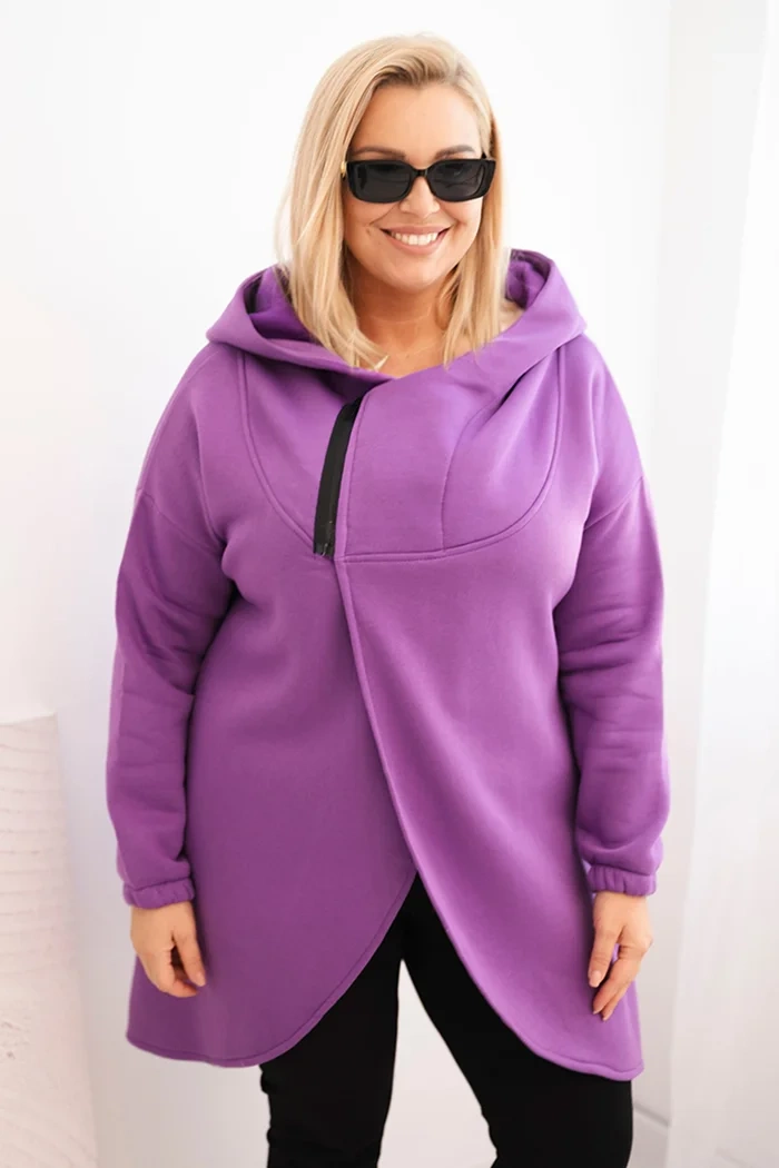 Kesi Dámská mikina Plus Size zateplená s kapucí a asymetrickým zipem Barva: Fialová, Velikost: 2XL/3XL