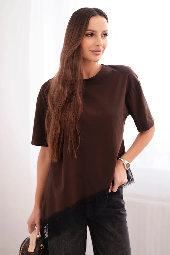 Kesi Dámská asymetrická bavlněná blůza s krajkou dole Barva: Hnědá, Velikost: UNI