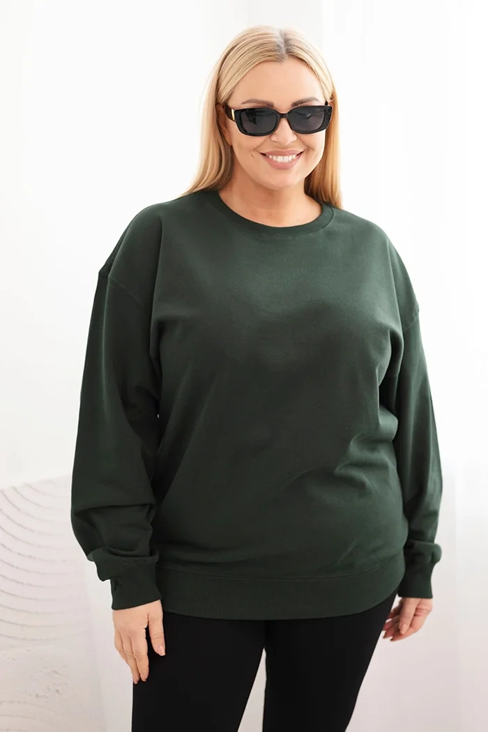 Kesi Dámská mikina s kroužkovým designem Plus Size bavlněná basic s kulatým výstřihem Barva: Zelená - tmavě, Velikost: 2XL