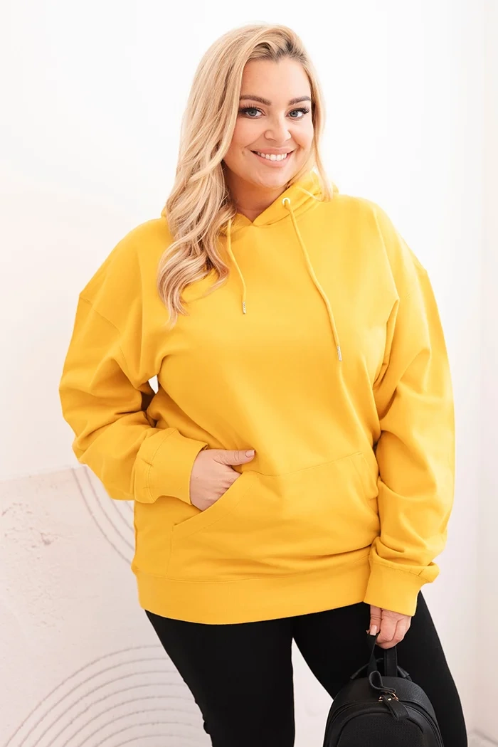 Kesi Dámská mikina s kapucí a klokaní kapsou Plus Size z bavlny Barva: Žlutá, Velikost: 2XL