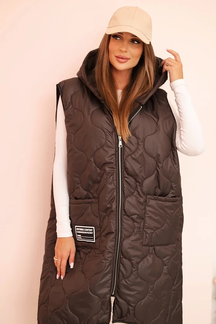 Dámská prošívaná vesta Plus Size s kapucí na zip mocca UNI