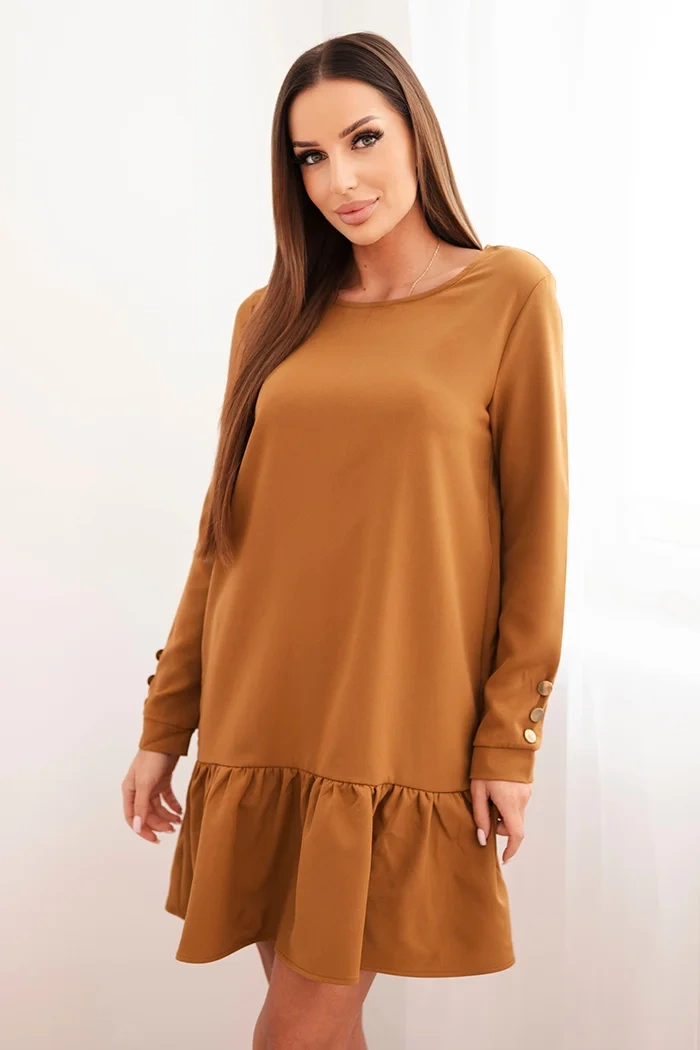 Kesi Šaty 66188 s volánem midi Barva: Hnědá, Velikost: UNI