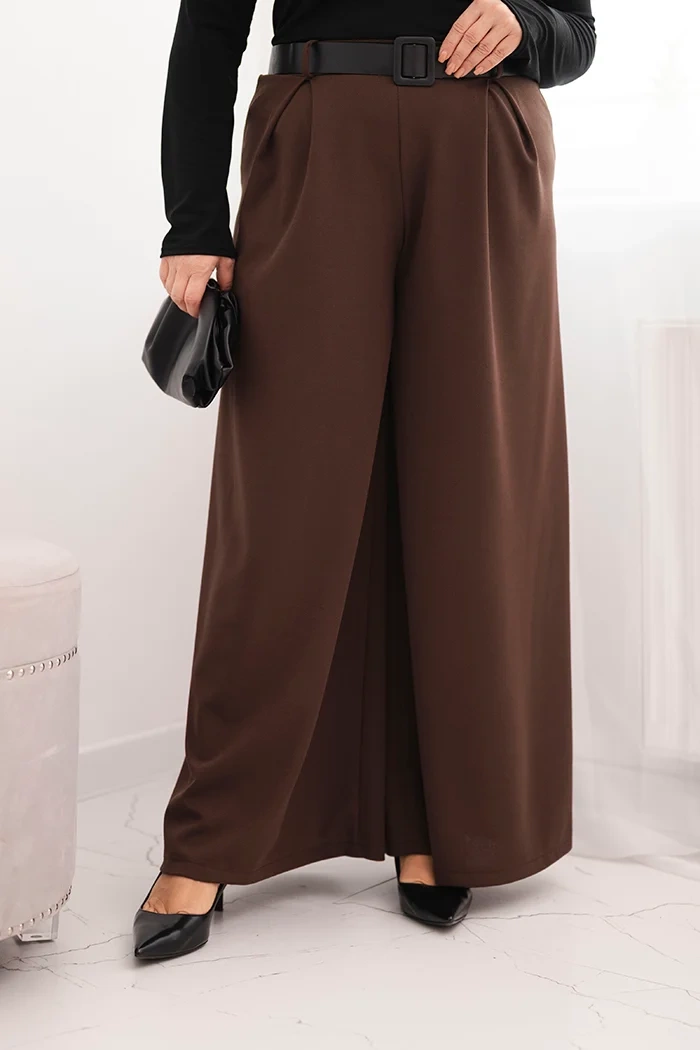 Kesi Dámské kalhoty Plus Size s širokou nohavicí a páskem Barva: Hnědá, Velikost: UNI