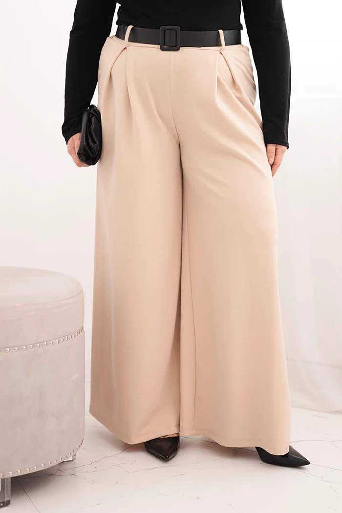 Kesi Dámské kalhoty Plus Size s širokou nohavicí a páskem Barva: Béžová, Velikost: UNI