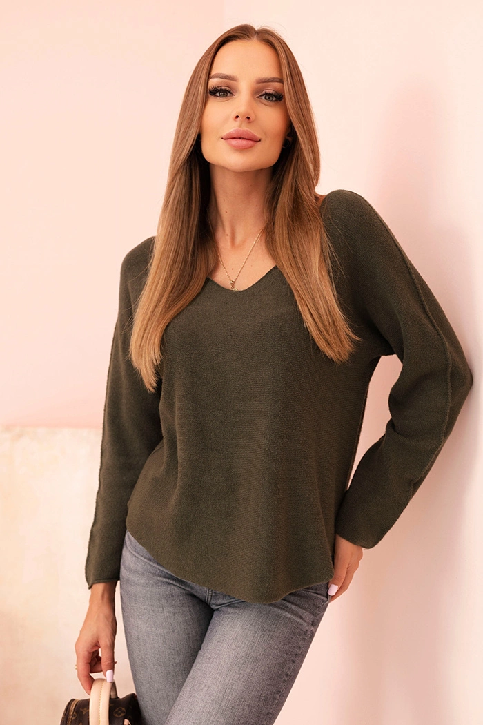 Dámský svetr z viskózy s výstřihem do V tmavě khaki UNI