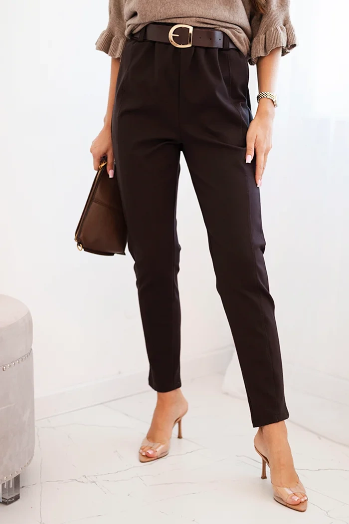 Kesi Dámské viskózové kalhoty s páskem a zúženými nohavicemi černé Barva: Hnědá, Velikost: UNI