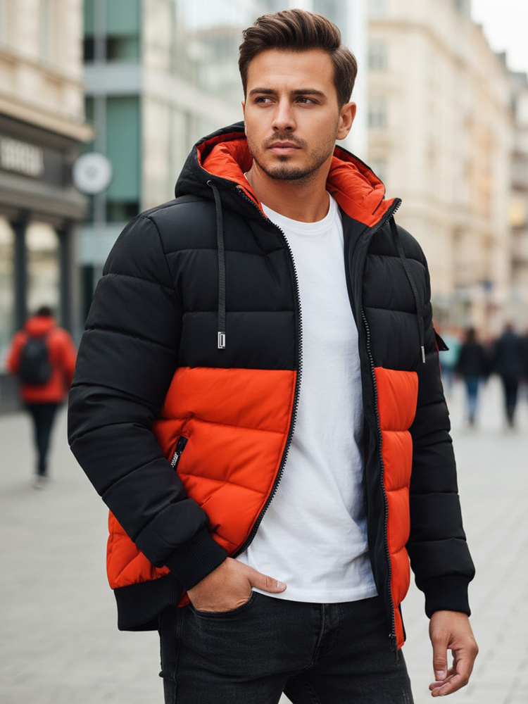 Pánská zimní prošívaná bunda s kapucí Dstreet TX5097 Barva: Czarny, Pomarańczowy, Velikost: M