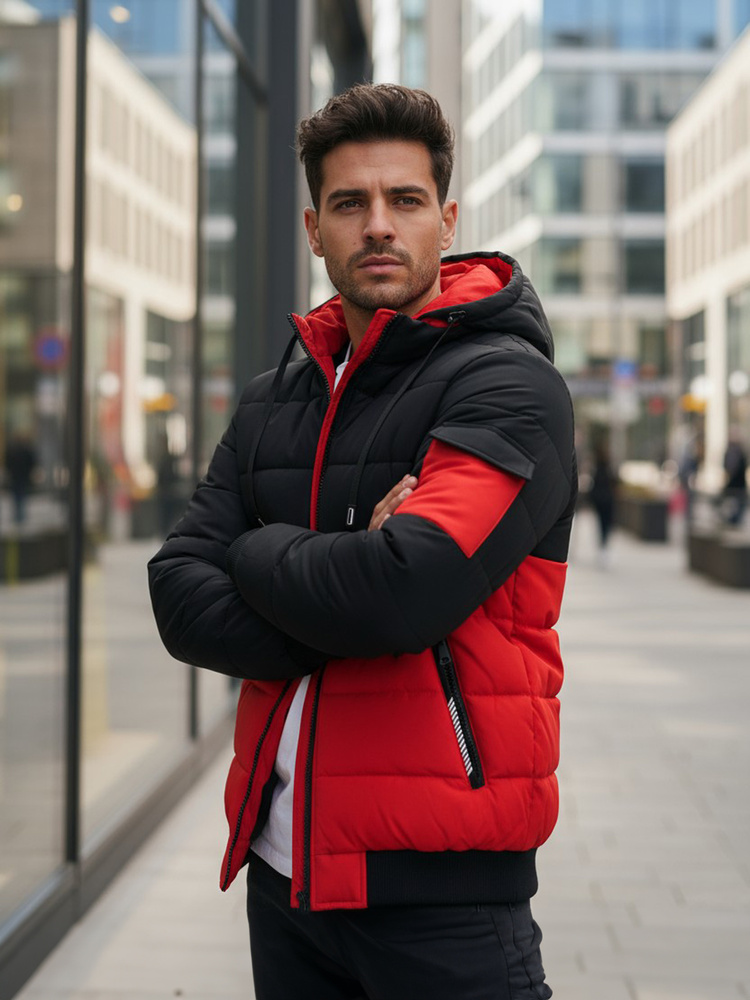 Pánská zimní prošívaná bunda s kapucí Dstreet TX5097 Barva: Czerwony, Czarny, Velikost: S