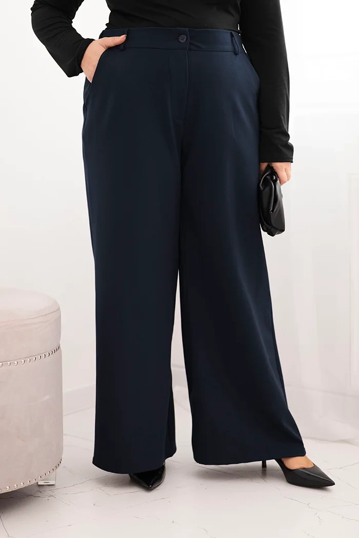 Kesi Dámské kalhoty Plus Size s širokou nohavicí a elastickým pasem Barva: Modrá - tmavě, Velikost: UNI