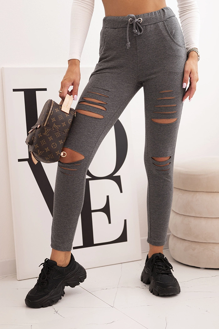 Kesi Dámské kalhoty z bavlny s roztržením a gumou v pase Barva: Šedá - tmavě, Velikost: UNI