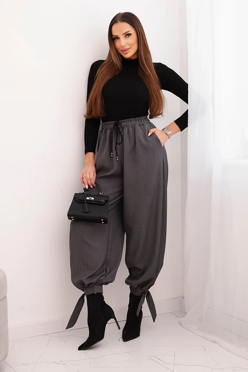 Kesi Dámské kalhoty 90495 s širokými nohavicemi a zavazováním na spodku Barva: Šedá - tmavě, Velikost: UNI