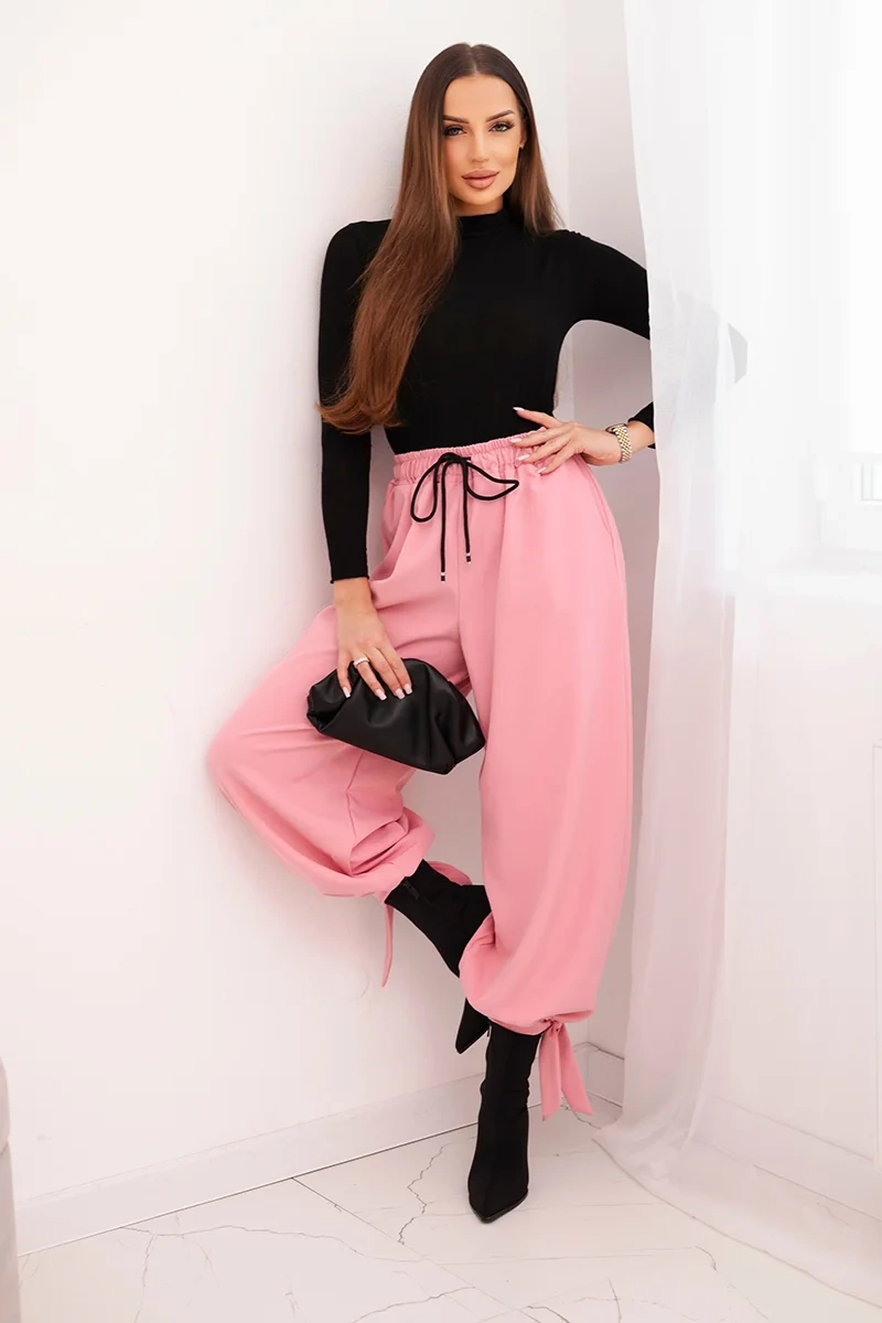 Kesi Dámské kalhoty 90495 s širokými nohavicemi a zavazováním na spodku Barva: Růžová - světle, Velikost: UNI