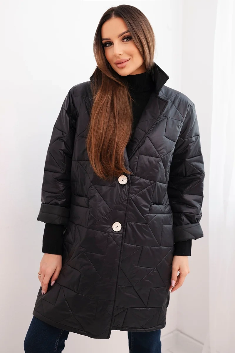 Kesi Dámská bunda Plus Size prošívaná s ozdobnými knoflíky a límcem černá Barva: Černá, Velikost: UNI