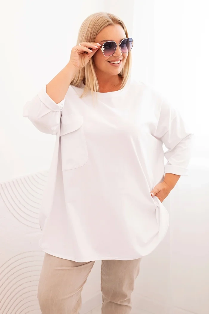 Kesi Dámská blůza Plus Size s bavlnou, kapsou a ohrnovacími rukávy Hilda Barva: Bílá, Velikost: UNI