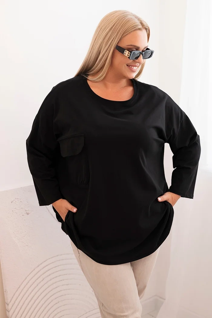 Kesi Dámská blůza Plus Size s bavlnou, kapsou a ohrnovacími rukávy Hilda Barva: Černá, Velikost: UNI