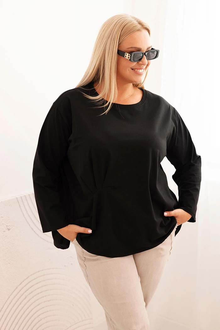 Kesi Dámská blůza Plus Size s bavlnou, kapsou a ohrnutým rukávem kiwi Barva: Černá, Velikost: UNI