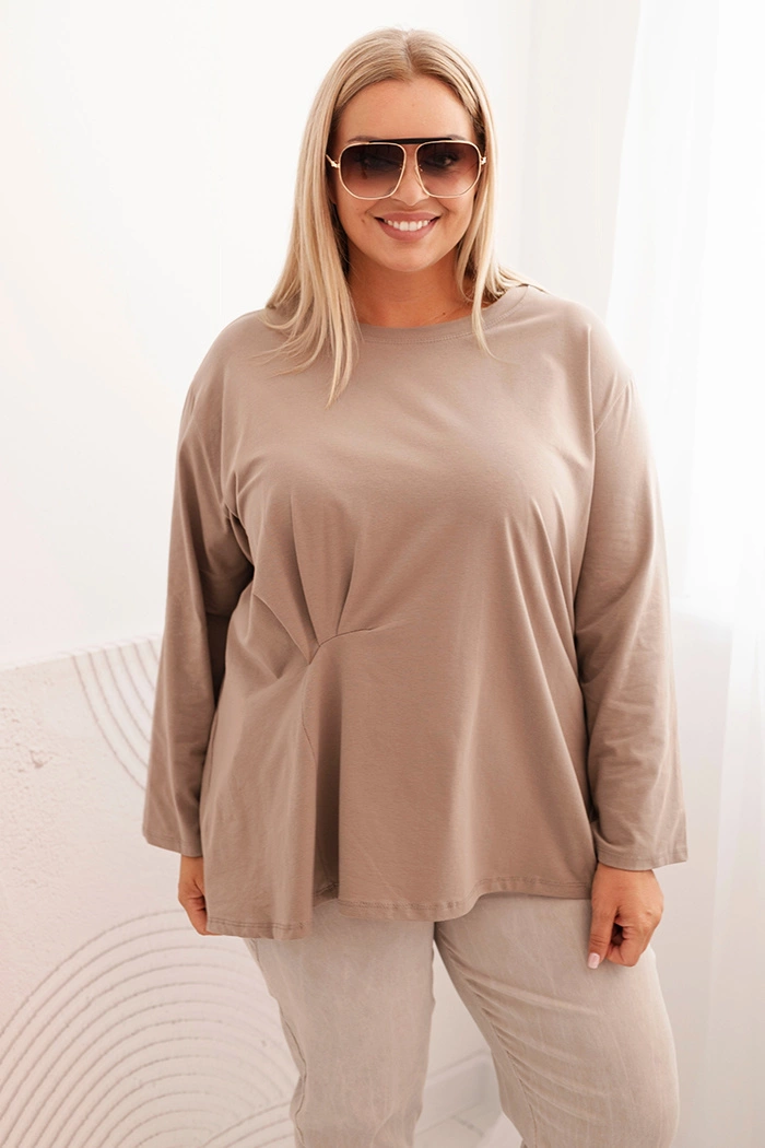 Kesi Dámská blůza Plus Size s bavlnou, kapsou a ohrnutým rukávem kiwi Barva: Béžová, Velikost: UNI