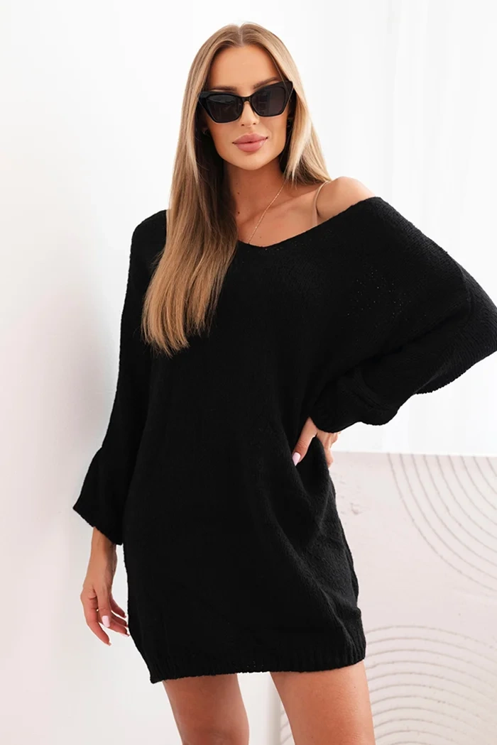 Dámské šaty Plus Size vlněné s výstřihem do V černá UNI