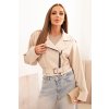 Dámská krátká bunda z eko kůže s páskem a límcem (Velikost UNI, Barva Béžová)