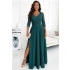 Numoco AMBER elegantní krajkové dlouhé šaty s výstřihem - zelené 309-5 (Velikost S, Barva Zelená)