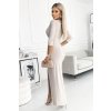 Lesklé šaty s výstřihem a rozparkem na nohavici - béžové 404-3 (Velikost XS, Barva Béžová)