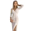 Numoco Lesklé šaty s výstřihem a rozparkem na nohavici - béžové 404-3 (Velikost XS, Barva Béžová)