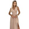 JUSTINE Dlouhé šaty s výstřihem a zavazováním - béžové 362-6 (Velikost S, Barva Béžová)