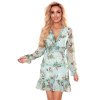 Numoco Šifonové šaty s volánky a širokou gumičkou - květiny na zeleném pozadí 421-2 (Velikost S, Barva Zelená)