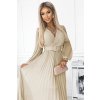 KLARA řasené šaty s páskem a výstřihem - béžové 414-8 (Velikost UNI, Barva Béžová)