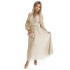 Numoco KLARA řasené šaty s páskem a výstřihem - béžové 414-8 (Velikost UNI, Barva Béžová)