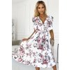 GABRIELLA šaty s volánkem, výstřihem a zavazováním - bílé s vínovými růžemi 466-1 (Velikost UNI, Barva Bílá)