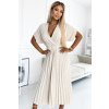 Numoco FELICIA Plisované midi šaty s výstřihem a širokým páskem - béžové 471-1 (Velikost UNI, Barva Béžová)