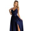 CHIARA elegantní saténové maxi šaty na ramínka - tmavě modré 299-12 (Velikost S, Barva Modrá)