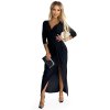 Numoco Lesklé šaty s výstřihem a rozparkem na nohavici - Černá barva 404-6 (Velikost XS, Barva Černá)