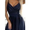 JULIET elegantní dlouhé saténové šaty s výstřihem - tmavě modrá 512-2 (Velikost S, Barva Modrá)