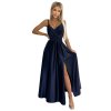 Numoco JULIET elegantní dlouhé saténové šaty s výstřihem - tmavě modrá 512-2 (Velikost S, Barva Modrá)