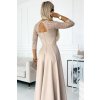 Numoco AMBER krajkové, elegantní dlouhé šaty s výstřihem a rozparkem u nohavic - béžové 309-10 (Velikost S, Barva Béžová)